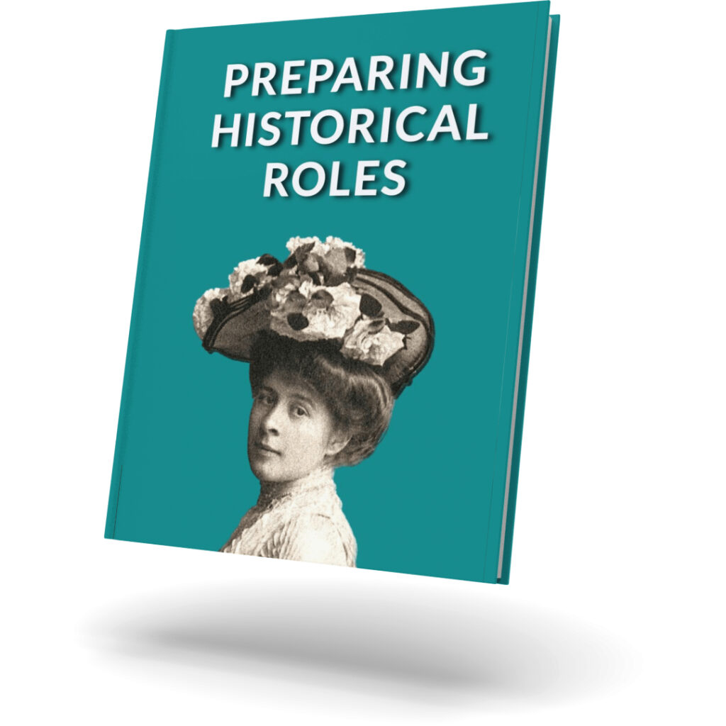 Image of the book “Preparing Historical Roles” — the essential guide for actors and screenwriters preparing biopics and period films. Shows the printed edition available on Amazon and leads to the complete digital bundle with video and audio training for deeper preparation.