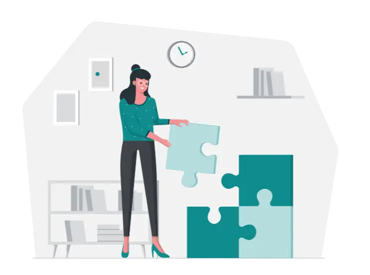 Illustration of a person assembling puzzle pieces, representing the process actors use to build a historical character from real archival fragments.