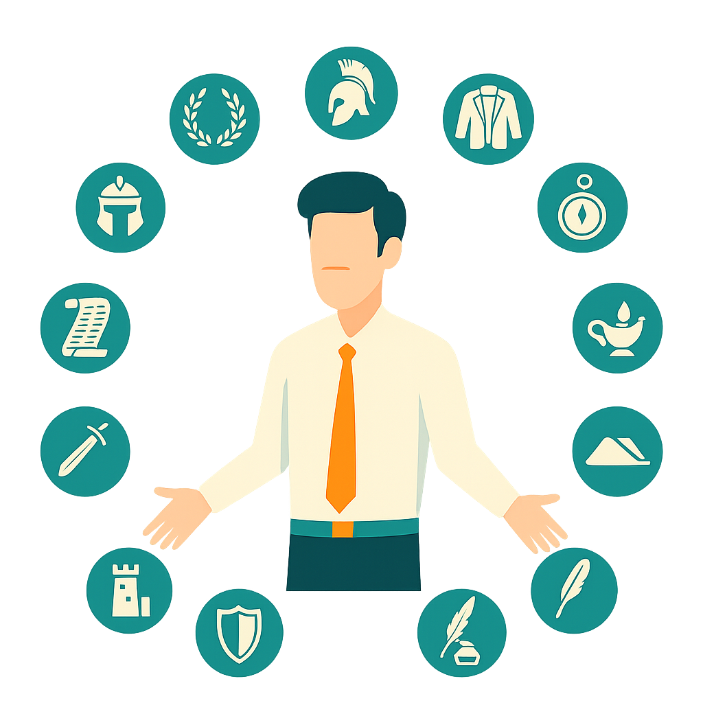 Illustration of an actor overwhelmed by historical symbols and props, representing over-preparation and getting lost in period details instead of emotional truth.